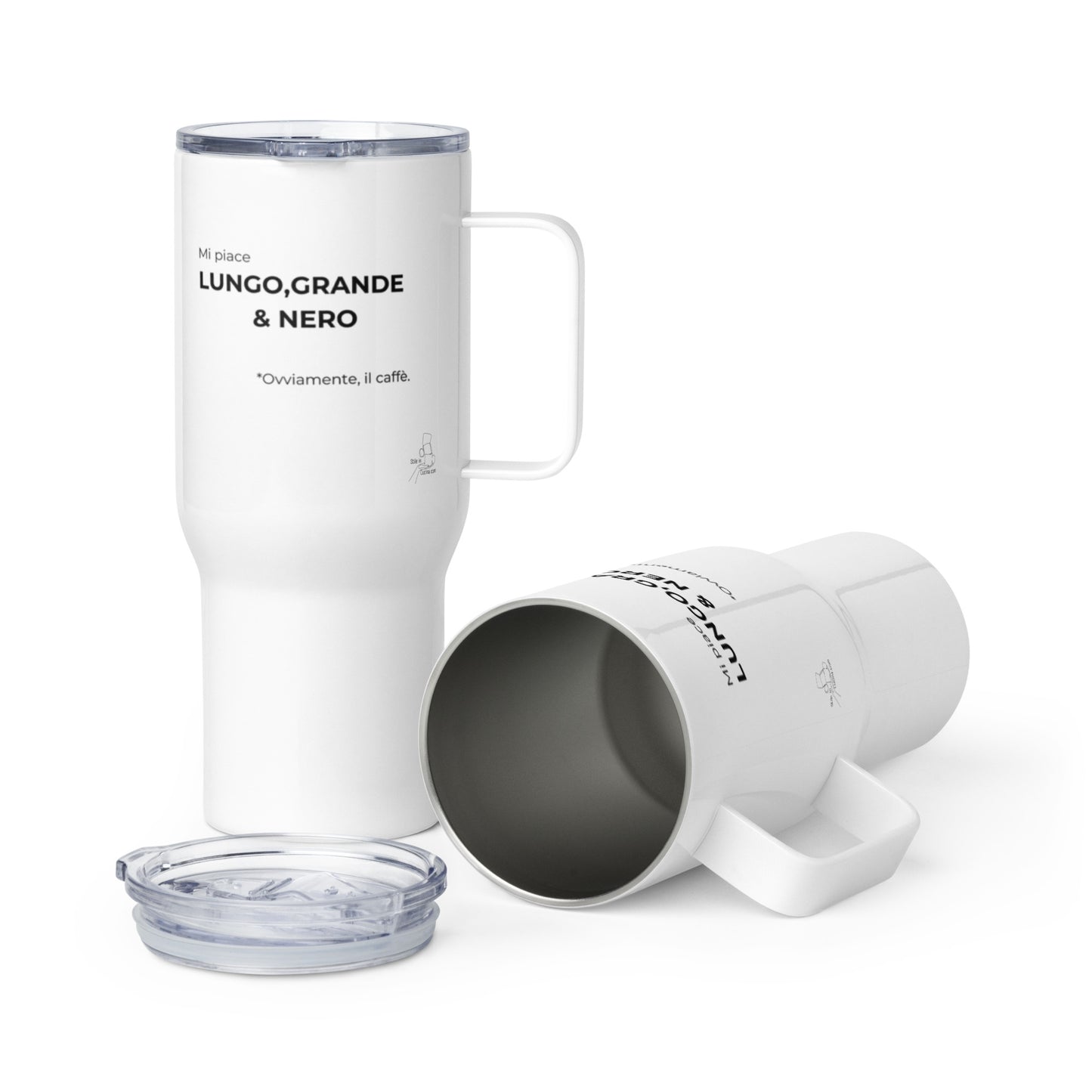 Tazza da viaggio con manico "Mi piace lungo grande & nero. Ovviamente il caffè"