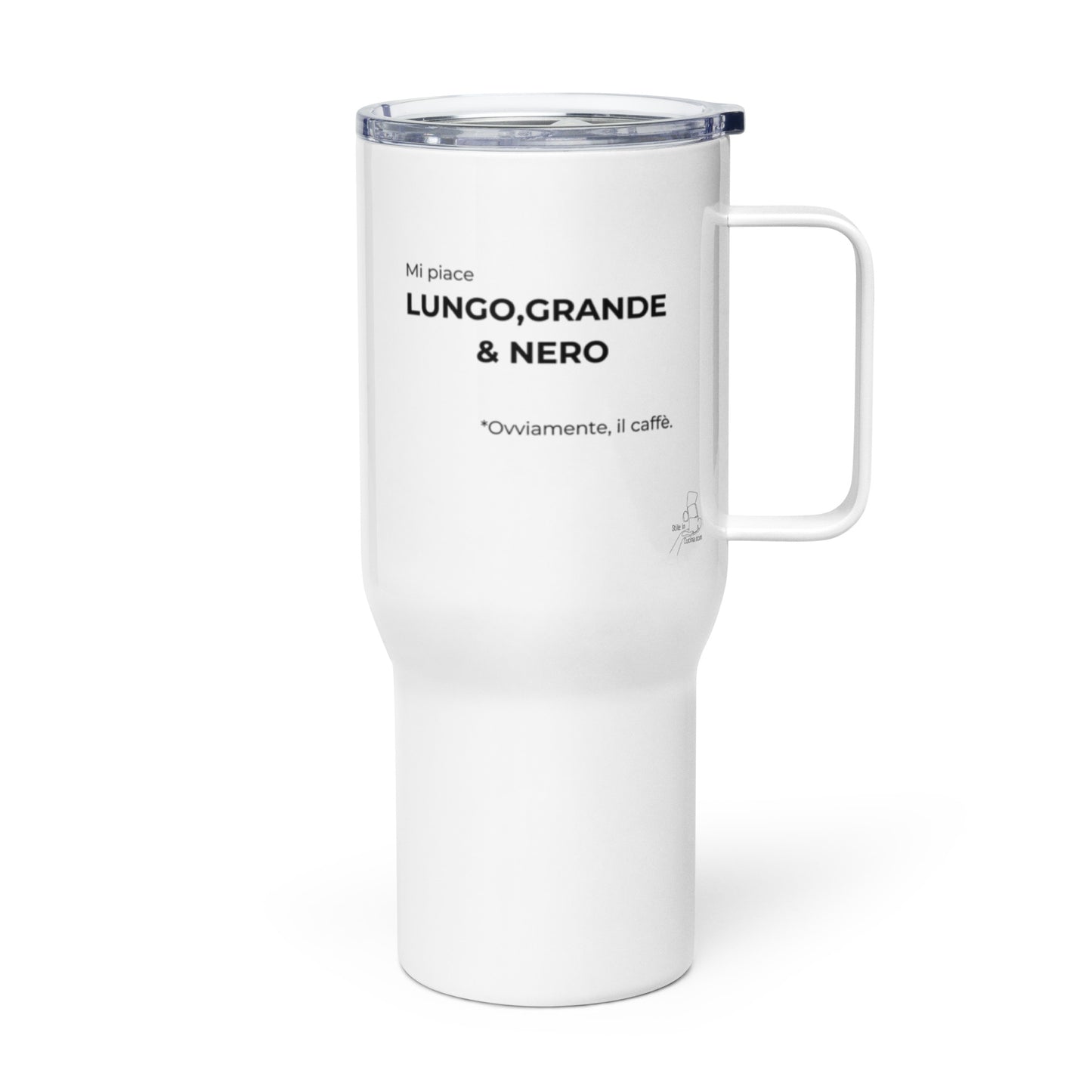 Tazza da viaggio con manico "Mi piace lungo grande & nero. Ovviamente il caffè"